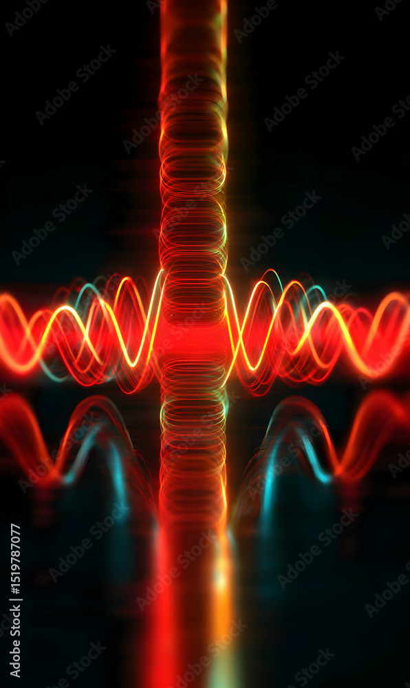Poster illuminated vertical column with swirling light energy and reflected patterns against a dark surface