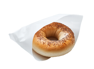 Freshly baked poppy seed bagel wrapped in white paper on transparent background