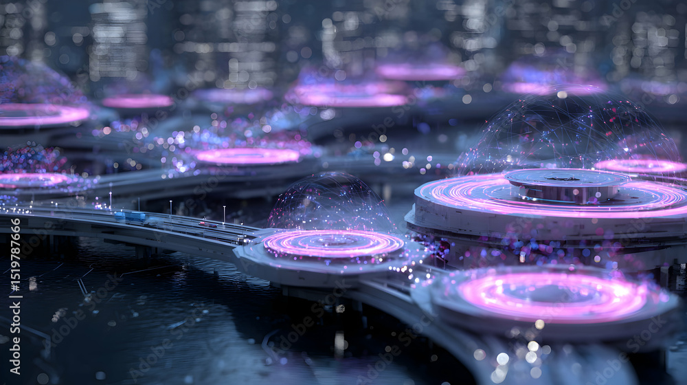 Poster futuristic cityscape with glowing platforms and networks representing advanced technology and connec