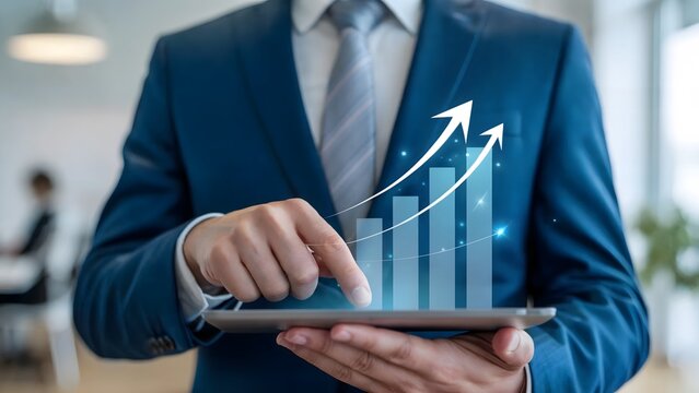 Businessman analyzing financial growth data on digital tablet with animated upward arrows