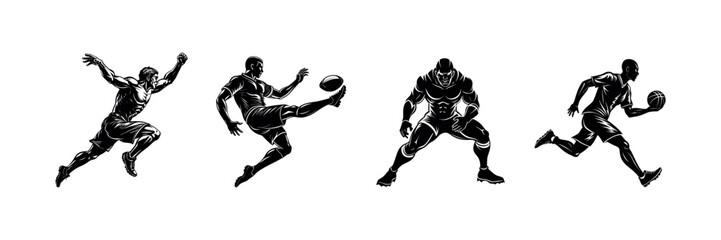 Vector Rugby Player Clipart Black Silhouette Design Set for Sports Themes