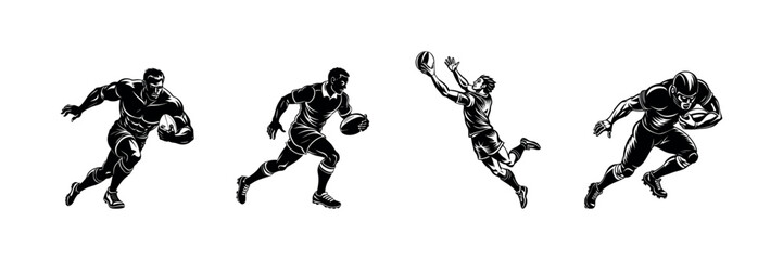 Vector Rugby Player Clipart Black Silhouette Design Set for Sports Themes