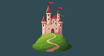 Fairytale castle on hill with red flags