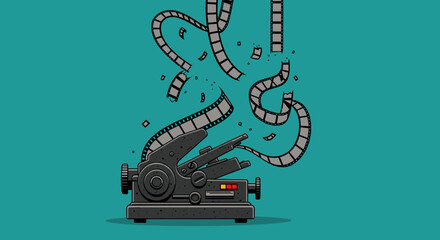 Film projector with broken movie film strip
