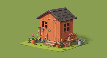 Garden shed tools flowers plants isometric scene