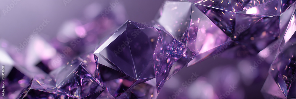 Poster a close up view of a cluster of purple faceted gems with sharp edges and a shallow depth of field