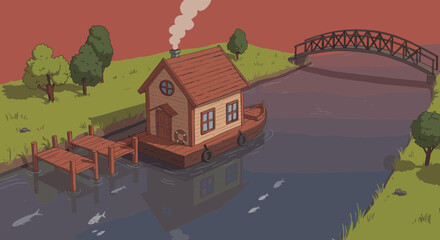 Naklejka premium Houseboat on river with bridge and trees