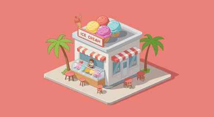 Ice cream shop with palm trees scene
