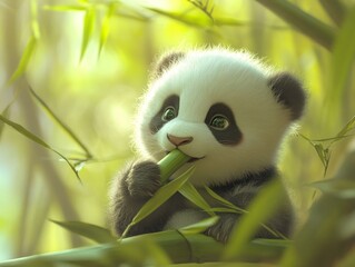 Obraz premium Close-up of a baby panda chewing bamboo, blurred bamboo forest