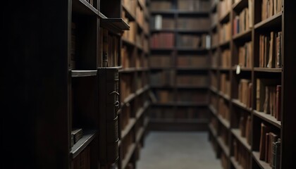 Obraz premium Atmospheric Library with Rows of Antique Books on Dark Wooden Shelves