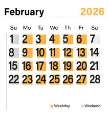 Minimal vector calendar for February 2026 with color-coded weekdays and weekends, ready for print and digital planning