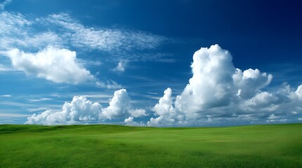 青空とふんわり雲に包まれた草の丘