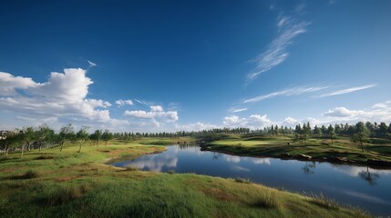 Obraz premium 森と川に囲まれた広がりのある青空風景