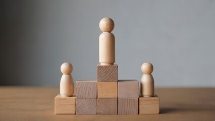 Wooden peg dolls on a podium symbolizing leadership and teamwork on a brown surface
