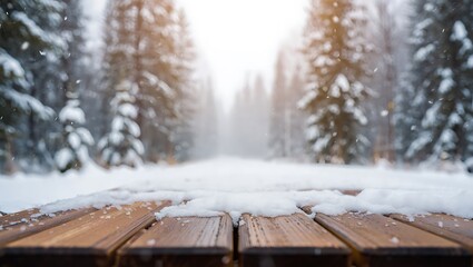 Snowy wooden table with winter forest