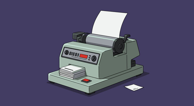 Old teletype machine with paper sheet and dial