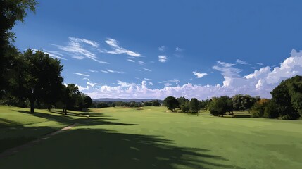 Obraz premium どこまでも続く青空の下、広大なフェアウェイが広がる爽快なゴルフコース