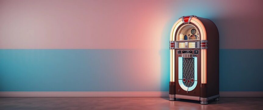 Retro jukebox standing against a soft pastel pink and blue two-tone wall, bathed in warm ambient lighting, with a polished chrome frame and neon highlights.