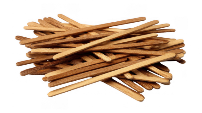 Wooden cocktail stirrers are piled together, ready for composting or disposal, showcasing sustainable practices in the food and beverage industry with a transparent background