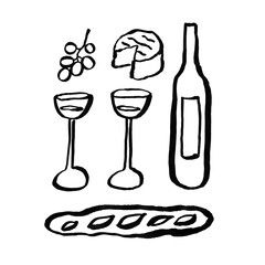 Hand-drawn illustration of wine, cheese, baguette and grapes. Textured ink drawing. Loose style. Bold brush pen line art
