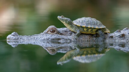 Obraz premium A turtle sits calmly on the back of a crocodile in a serene lake, showcasing a unique moment in nature's harmony and companionship