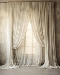 Elegant Sheer Curtains Draped Over Window in Rustic Room Setting Photography Backdrop