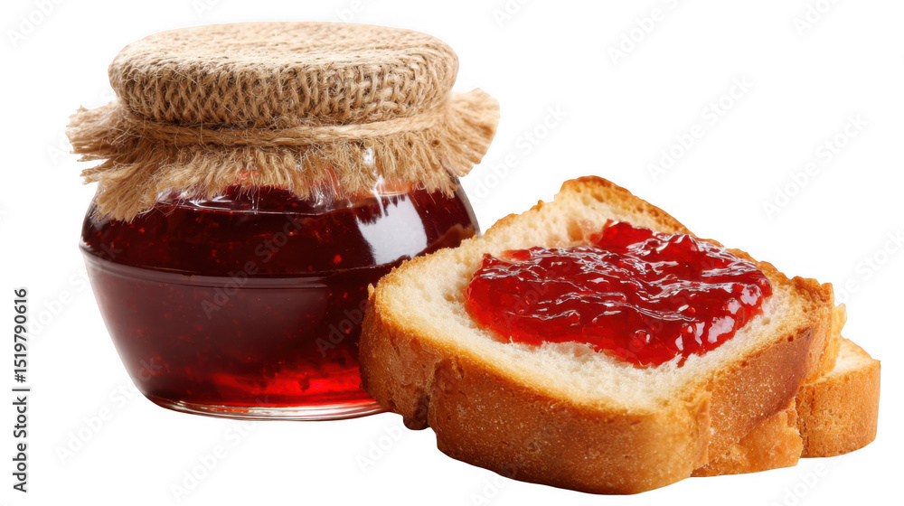 Poster two slices of toasted bread with strawberry jam and a jar of jam with a rustic string bow on a trans