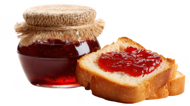 Two slices of toasted bread with strawberry jam and a jar of jam with a rustic string bow on a transparent background, creating a tempting image of a simple yet delicious breakfast or snack - Powered by Adobe