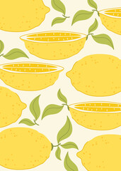 Summer poster with lemon halves and whole lemons. Flat style. Designer template for postcard, poster, flyer, banner, cover.