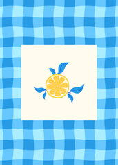 Summer illustration of lemon slice on blue checkered background. Flat style. Designer template for postcard, poster, flyer, banner, cover.
