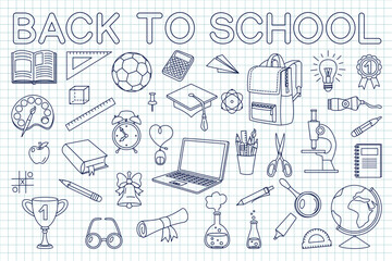 vector Back to school set. Elements on checkered sheet