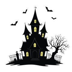 A spooky black haunted house with yellow windows, surrounded by bats and a graveyard.