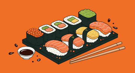 Sushi set meal with soy sauce and chopsticks