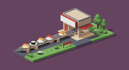 Sushi shop isometric scene with conveyor belt