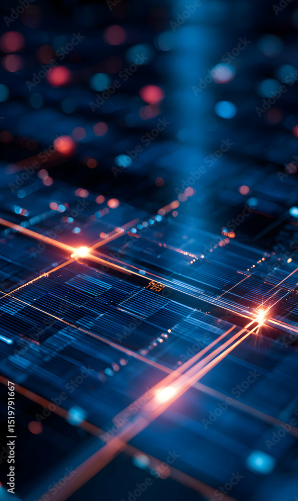 Poster abstract technology background with glowing lines and dots representing data flow connections visual