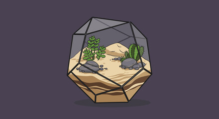 Terrarium plants display with rocks and glass
