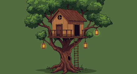 Treehouse hideaway in the woods with rope ladder