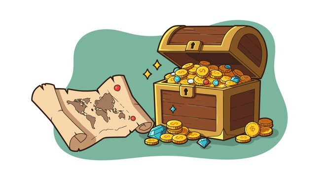 Treasure map leading to open treasure chest