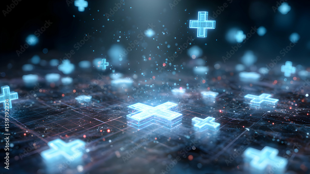Poster abstract technology background with glowing plus signs on a dark circuit board surface creating posi