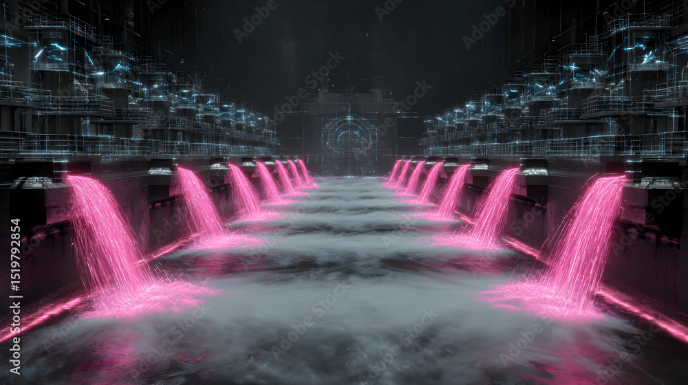 Poster pink light cascades into a futuristic waterway reflecting the architecture and creating a surreal ef