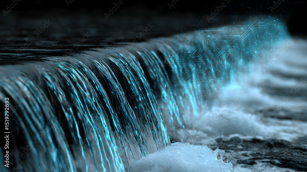 Poster digital stream cascading abstractly representing a convergence of nature and cutting edge technology