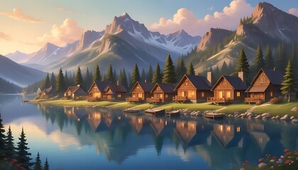 Picturesque Lakeside Cabins Reflecting in Tranquil Mountain Lake