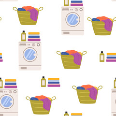 Laundry vector seamless pattern. Dirty clothes in basket, washing machine and detergents. Laundry illustration on white background.