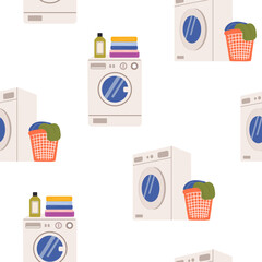 Laundry vector seamless pattern. Dirty clothes in basket, washing machine and detergents. Laundry illustration on white background.
