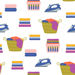 Laundry vector seamless pattern. Dirty clothes in basket, washing machine and steam iron. Laundry illustration on white background.
