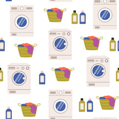 Laundry vector seamless pattern. Dirty clothes in basket, washing machine and detergents. Laundry illustration on white background.