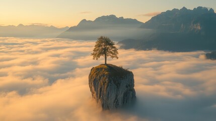 Solitary Tree on Mountain Peak: A lone tree stands majestically on a rocky outcrop, above a sea of clouds at sunrise, with a majestic mountain range in the background.
