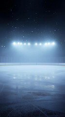 Night Hockey Rink Empty Ice Under Stadium Lights, Snow Falling