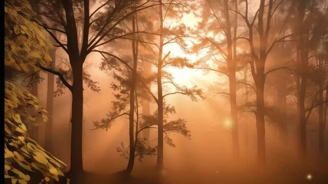 Oak trees illuminated by golden sunlight in a misty forest  