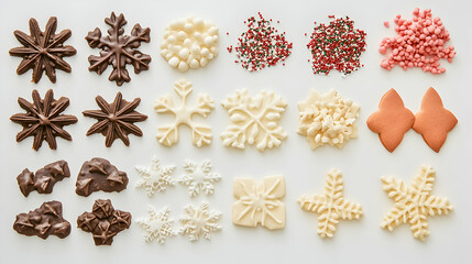 Assortment of festive chocolate and vanilla snowflake candy and decorations flat lay